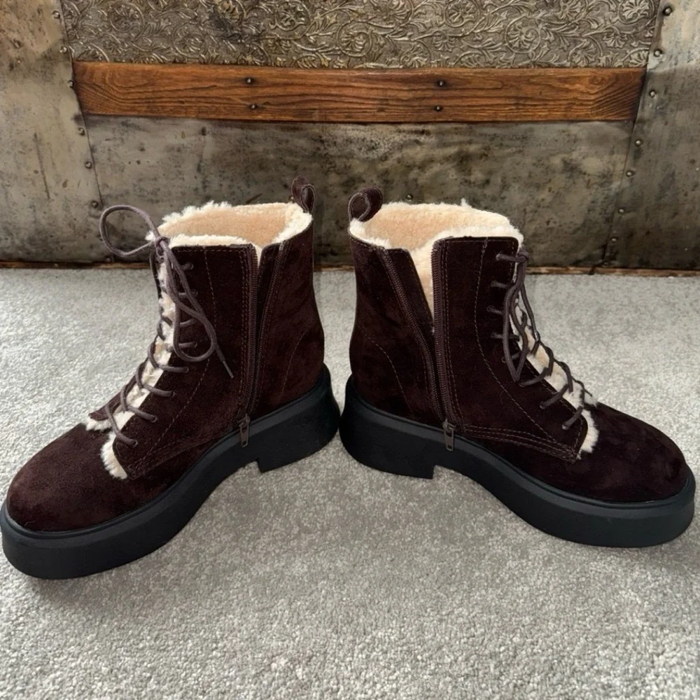 NWOB Steve Madden Jazmin Faux Fur-lined Suede Lace-Up Side Zip Combat Boot in 6 - Picture 7 of 11